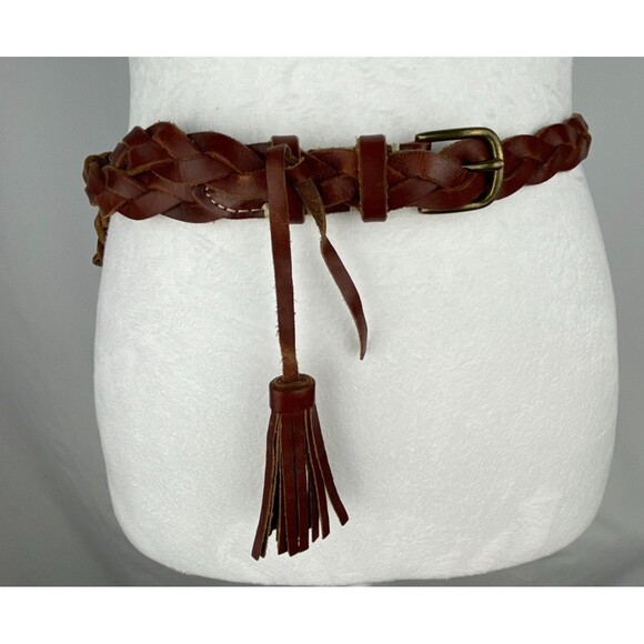 Madewell Womens Belt M/L Brown Braided Leather Tassel Brass Buckle - Picture 1 of 10